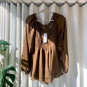 UO Rosie Smocked Long Sleeve Romper